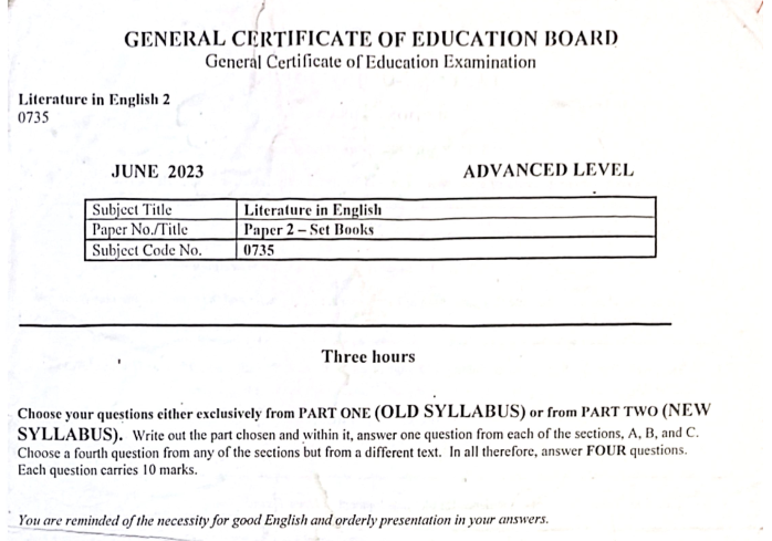 GCE A/L Literature in English Paper 2 – Set Books – June 2023