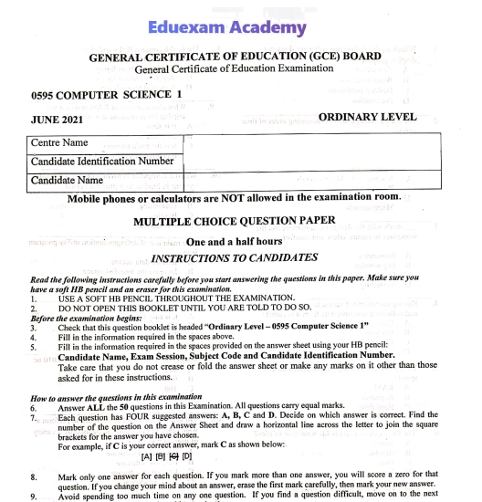 GCE ordinary level 0595 COMPUTER SCIENCE 1