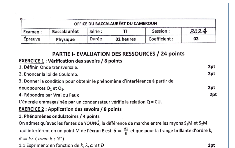 Bac TI 2024 - Physique
