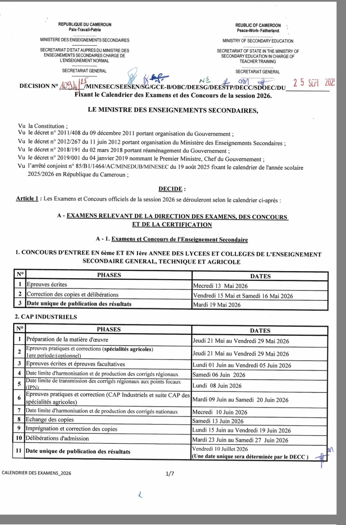 Calendrier officiel des examens du Cameroun 2026 – Dates nationales certifiées