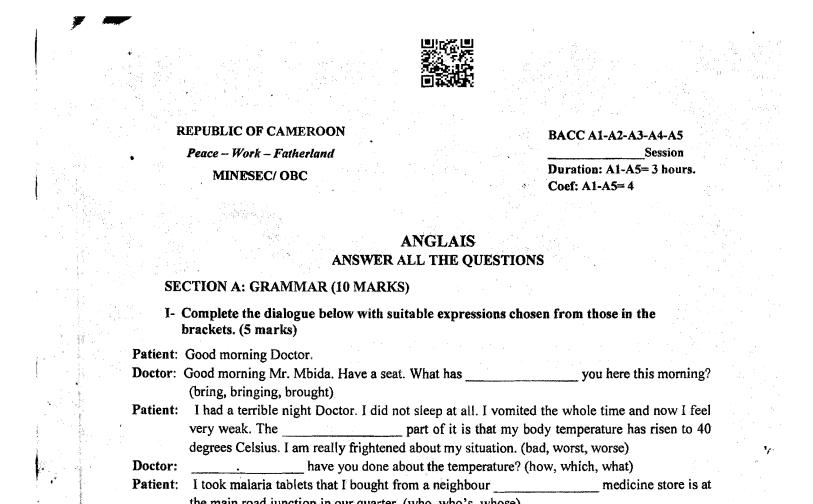 Bac 2025 Anglais – Séries A1 A2 A3 A4 A5 Épreuve et corrigé PDF Cameroun