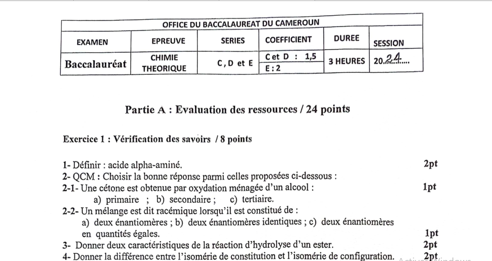 Bac D 2024 - Chimie