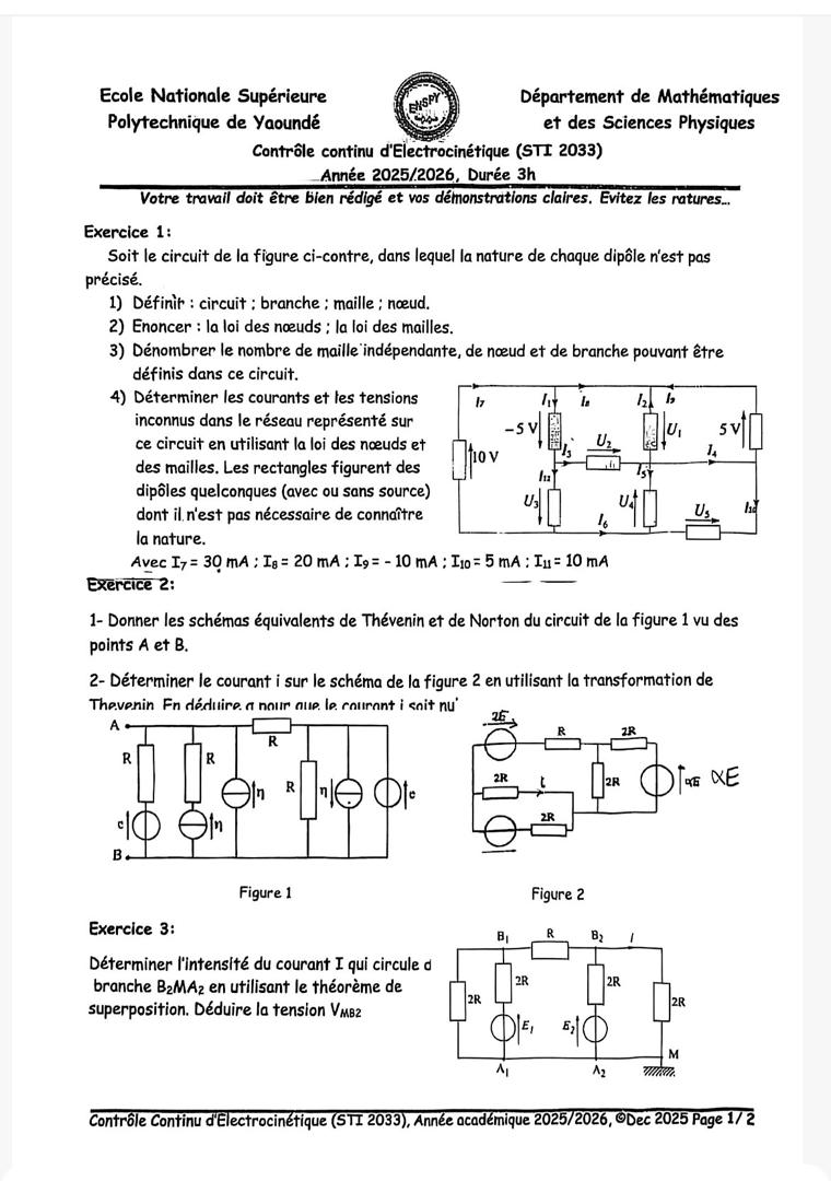 Contrôle Continu d’Électrocinétique STI 2033 – Polytechnique Yaoundé | Année 2025-2026 (PDF)