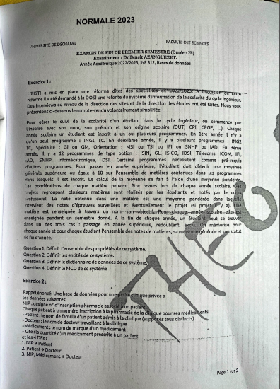 Examen INF 312 Bases de données – Semestre 1 | Université de Dschang 2022-2023