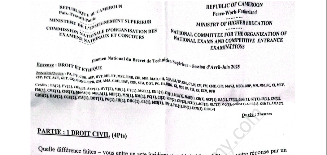 Épreuve de Droit et Éthique BTS 2025 – Toutes Spécialités – Sujet Officiel Cameroun