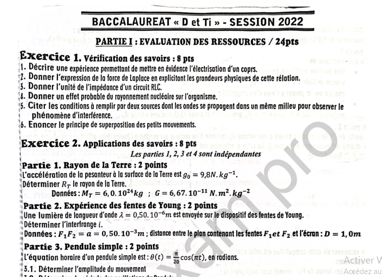 Bac D 2022 - Physique